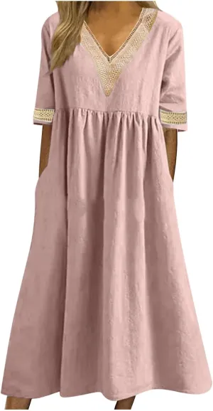 Lastesso Dresses for Women 2024 Trendy Lace V Neck Short Sleeve Summer Relaxed Size Sundresses Casual Boho Beach Maxi Dress