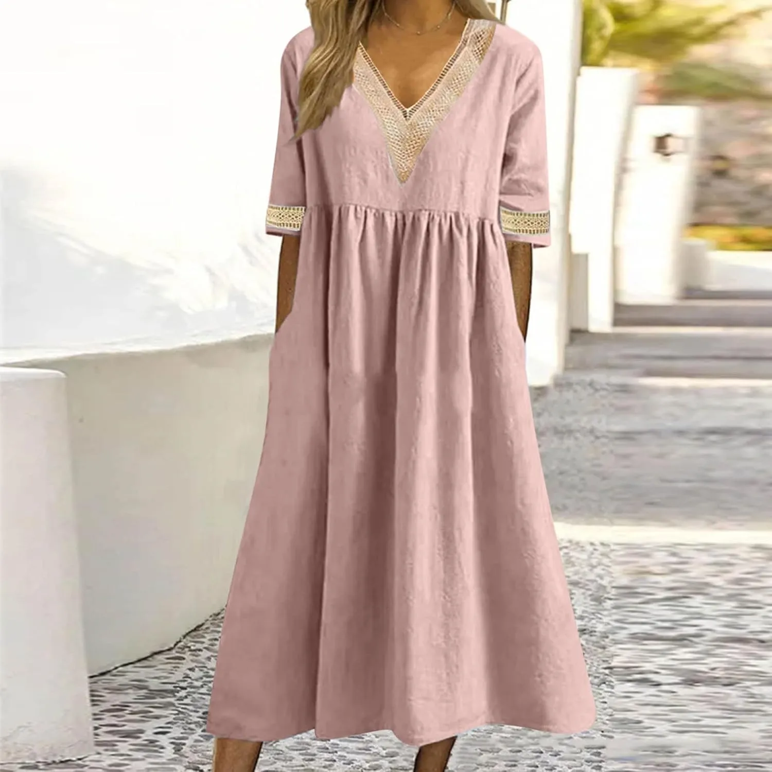 Lastesso Dresses for Women 2024 Trendy Lace V Neck Short Sleeve Summer Relaxed Size Sundresses Casual Boho Beach Maxi Dress