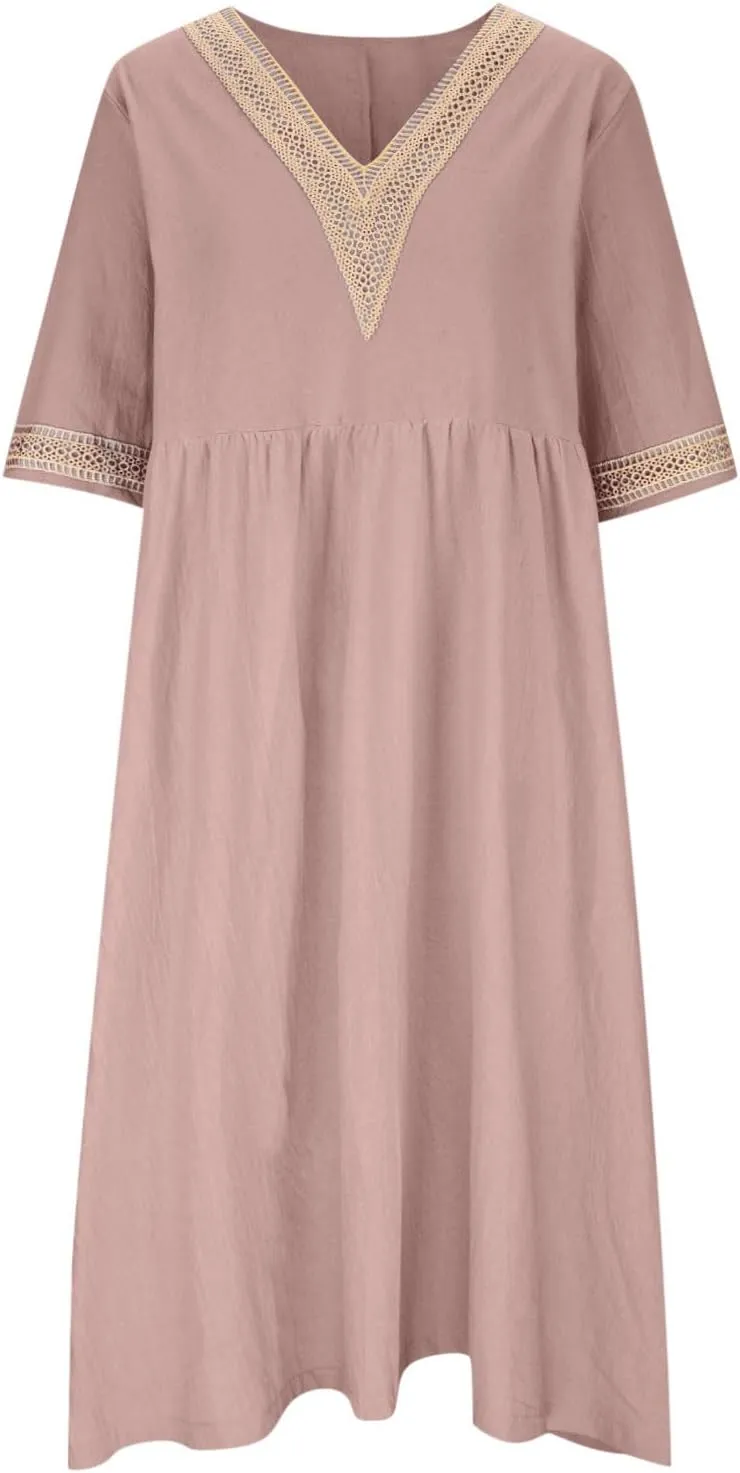 Lastesso Dresses for Women 2024 Trendy Lace V Neck Short Sleeve Summer Relaxed Size Sundresses Casual Boho Beach Maxi Dress