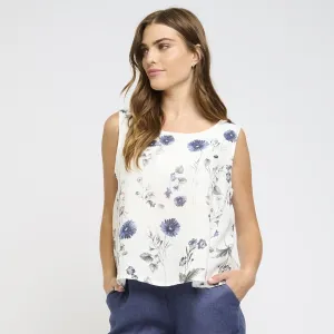 Linen Tank w/ Blue Floral Print