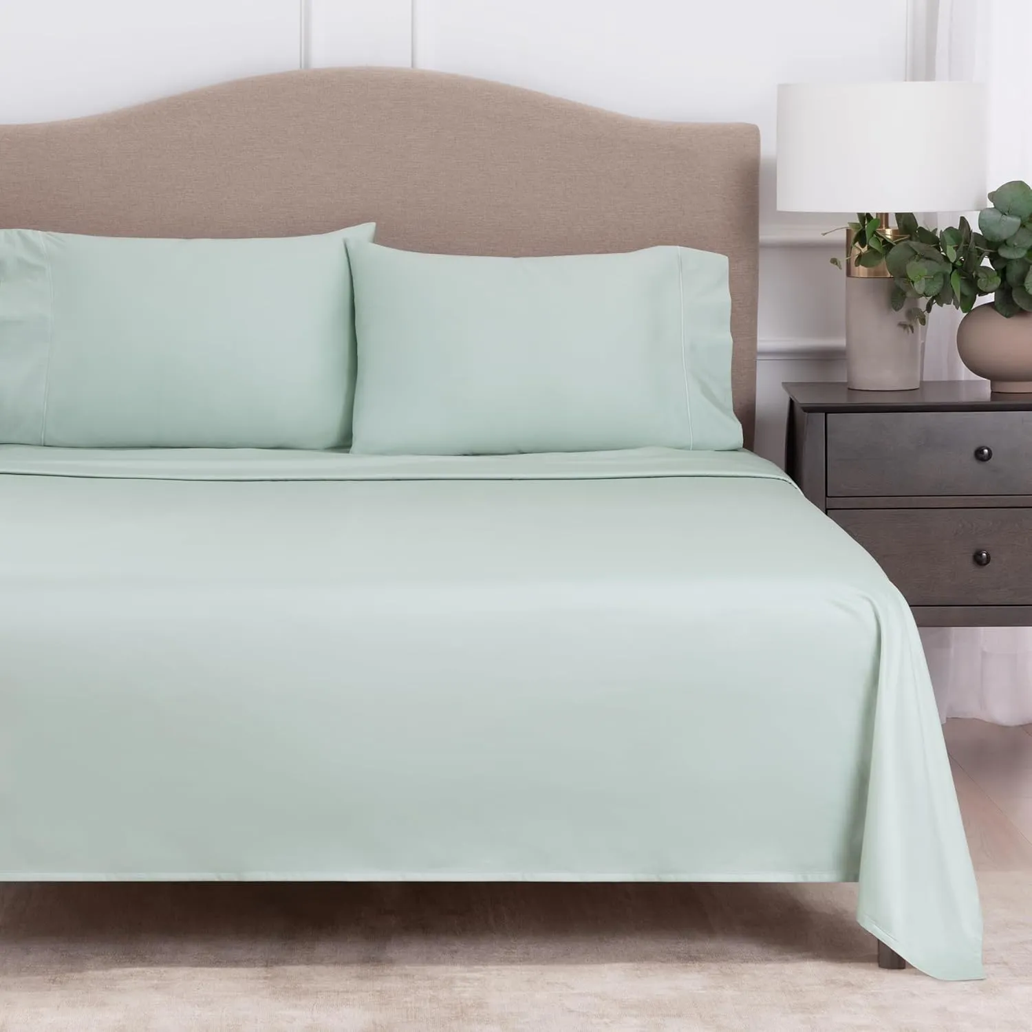 MARTHA STEWART 400TC 100% Egyptian Cotton Sateen Sheet Set, Sage Green, 4 Piece - 1 Flat Sheet, 1 Fitted Sheet, 2 King Pillowcases, Soft & Breathable, Premium Bed Sheets, Solid Color, King Size