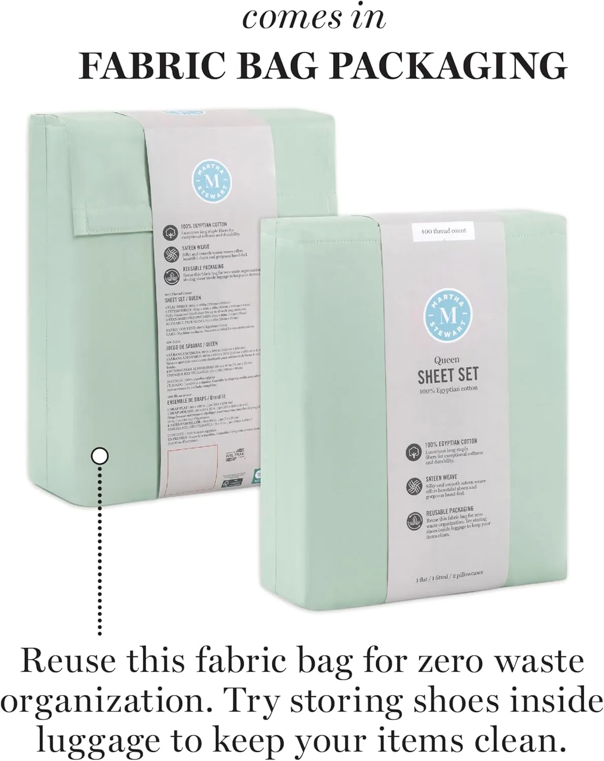 MARTHA STEWART 400TC 100% Egyptian Cotton Sateen Sheet Set, Sage Green, 4 Piece - 1 Flat Sheet, 1 Fitted Sheet, 2 King Pillowcases, Soft & Breathable, Premium Bed Sheets, Solid Color, King Size