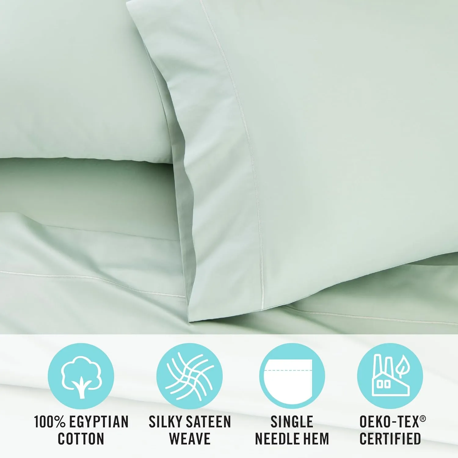 MARTHA STEWART 400TC 100% Egyptian Cotton Sateen Sheet Set, Sage Green, 4 Piece - 1 Flat Sheet, 1 Fitted Sheet, 2 King Pillowcases, Soft & Breathable, Premium Bed Sheets, Solid Color, King Size