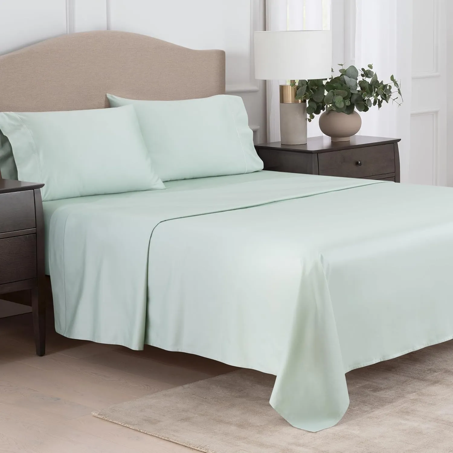 MARTHA STEWART 400TC 100% Egyptian Cotton Sateen Sheet Set, Sage Green, 4 Piece - 1 Flat Sheet, 1 Fitted Sheet, 2 King Pillowcases, Soft & Breathable, Premium Bed Sheets, Solid Color, King Size