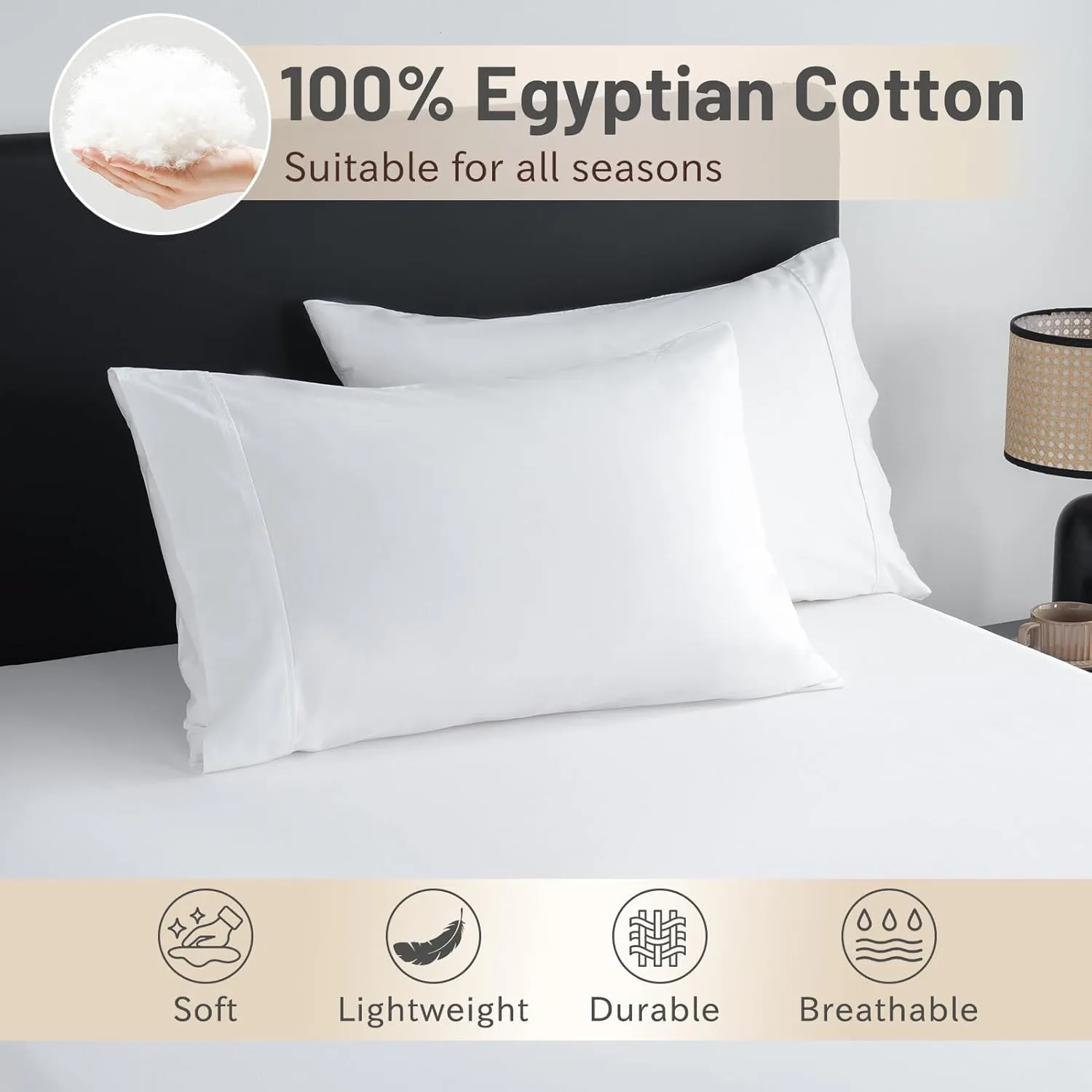 MEISHANG Extra Deep Pocket Queen Sheets Cotton - 1000 Thread Count Sheets Queen - Fits 18"-24" in Deep Mattress,100% Egyptian Cotton,Sateen Weave, Soft & Breathable - 4 Piece (Queen, White)