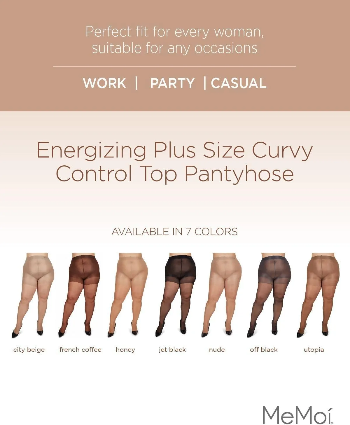 MeMoi Energizing Plus Size Curvy Control Top Pantyhose for Women, Semi Opaque Pantyhose, Lightweight Womens Stockings