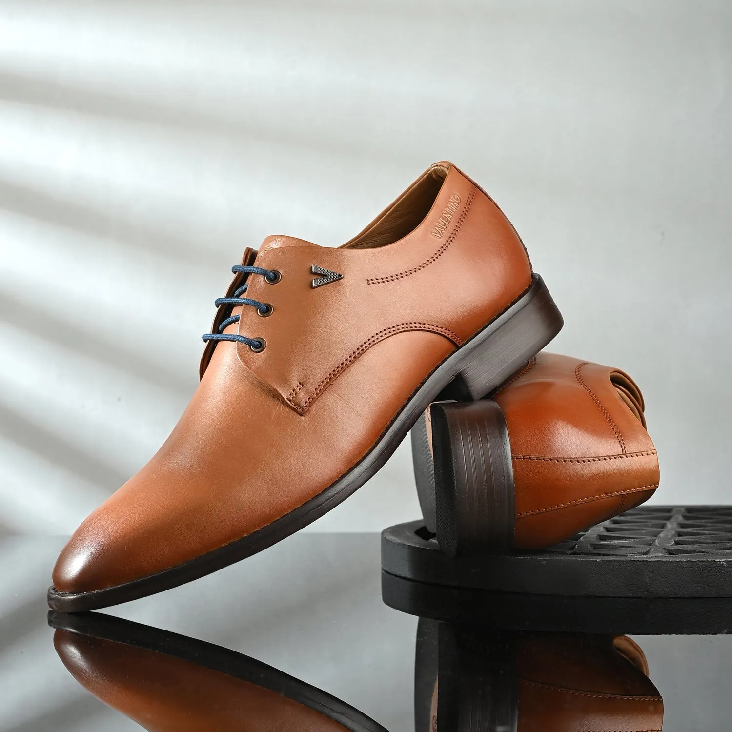 Men Premium Leather Tan Lace-Up Formal Derby Shoes (Giness-52)