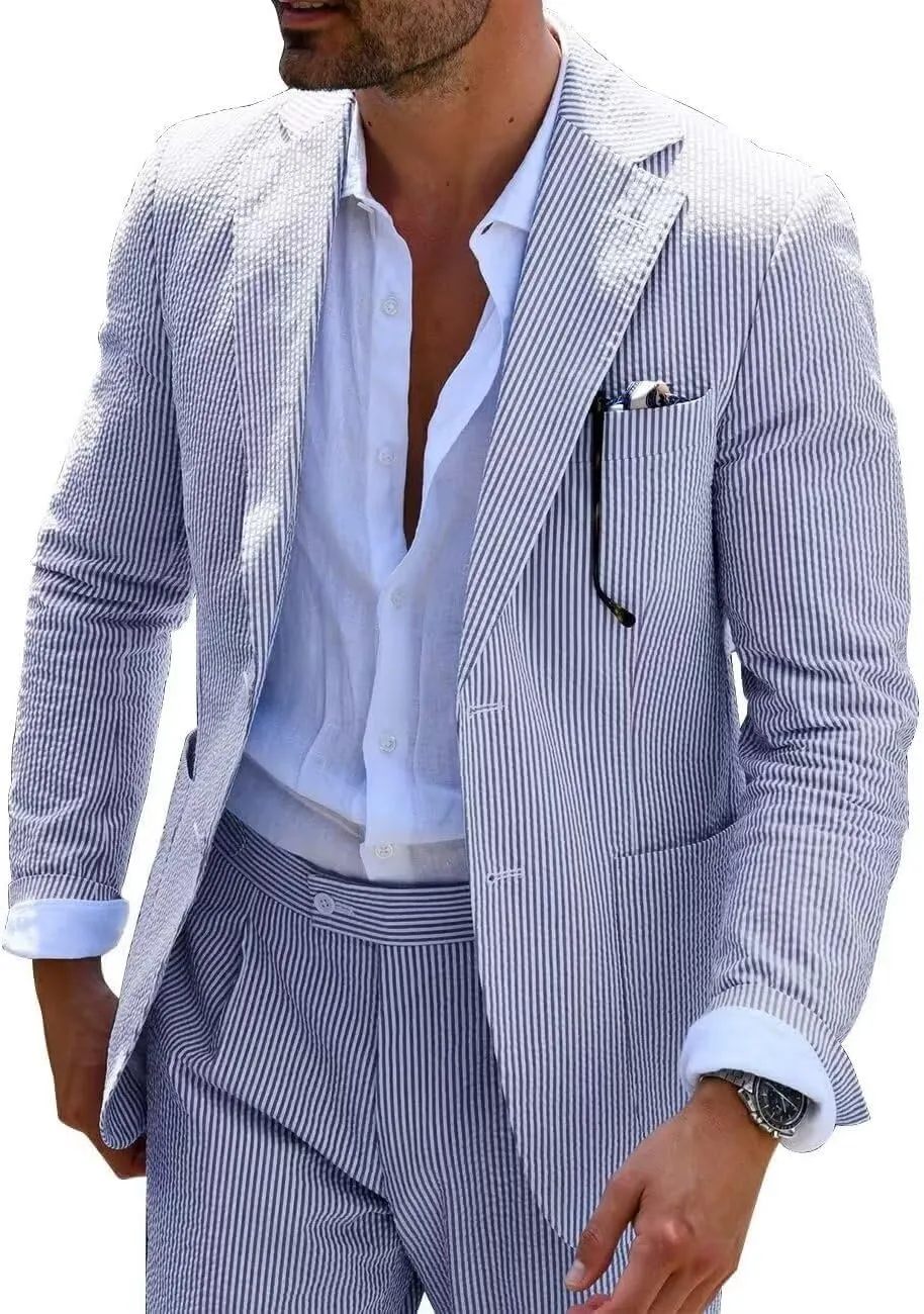 Mens Blue Seersucker Summer Suits Grooms Sear Sucker Suit for Wedding Mens Formal Suits Slim Fit