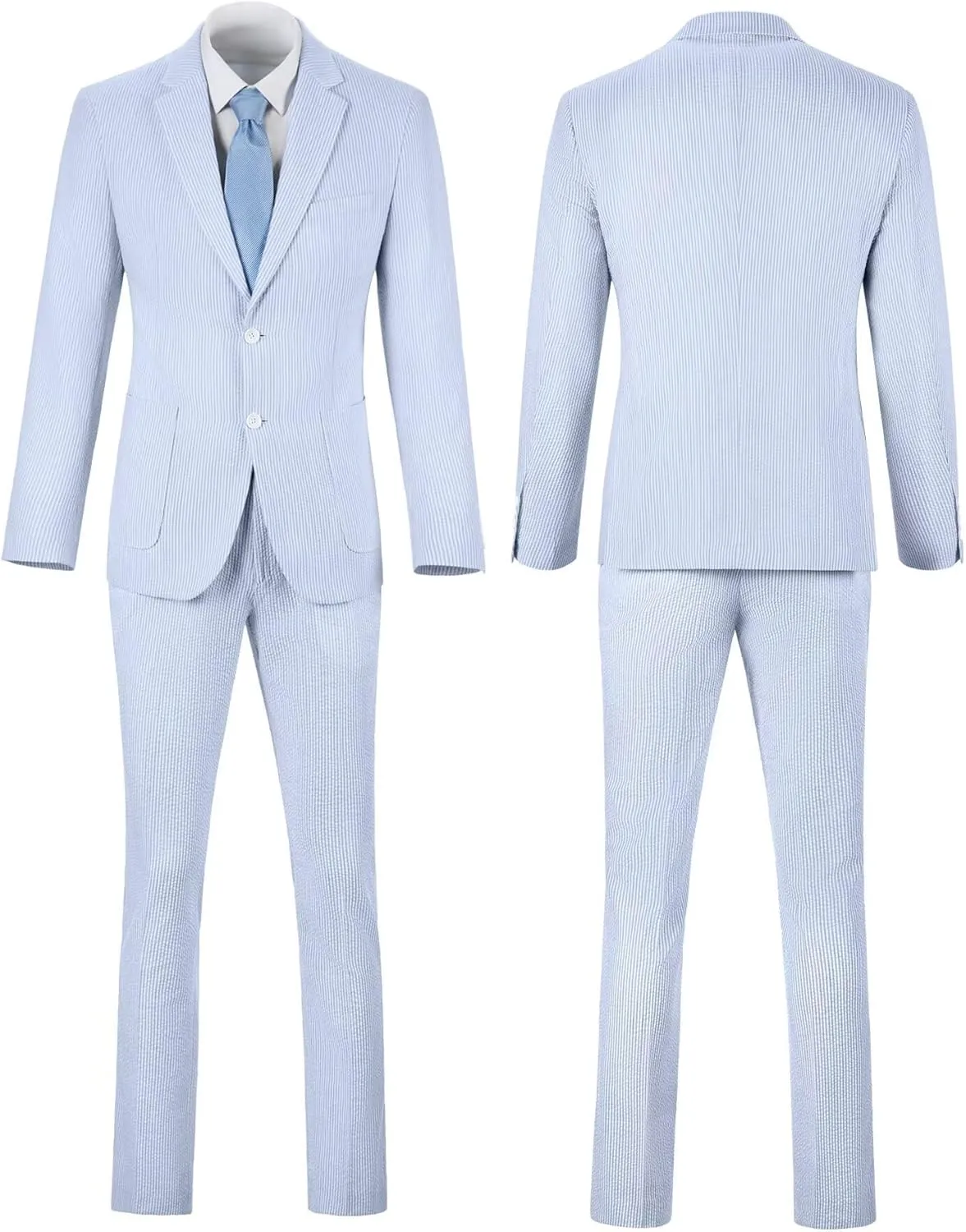 Mens Blue Seersucker Summer Suits Grooms Sear Sucker Suit for Wedding Mens Formal Suits Slim Fit