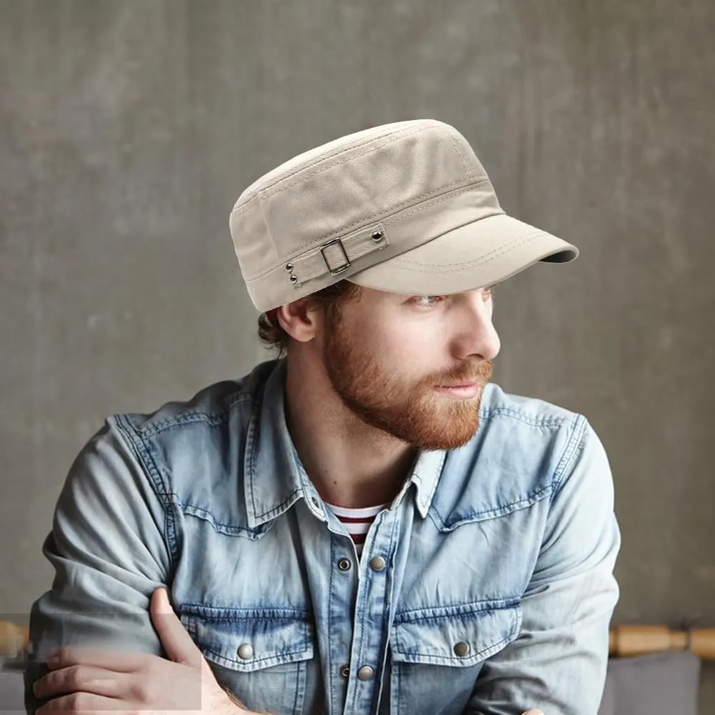 Men's Cotton Flat Top Army Style Cap Cadet Hat Trucker Hat Vintage Flat Top Adjustable Baseball Cap Short Brim Hats