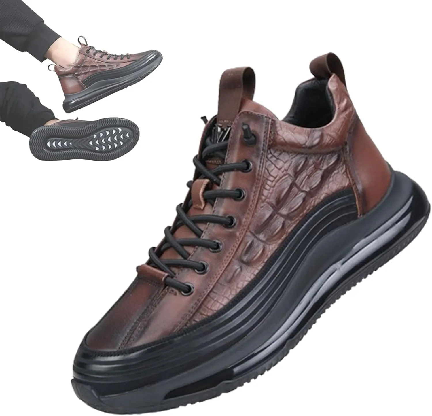 Men's Crocodile Print Leather Sneakers Casual Air Elastic Waterproof Height Lifting Comfortable Shoes High Top Sneakers (Brown,9)