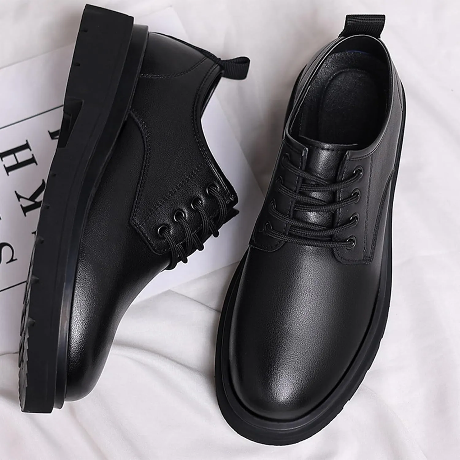 Men's Genuine Leather Chunky Low Heel Oxfords Classic Lace Up Business Formal Tuxedo Derby Shoes Fashion Casual Slip-On Round Anti-Slip Wedding Derby Oxfords