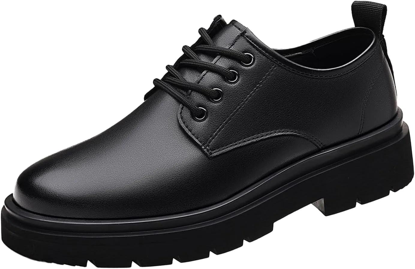 Men's Genuine Leather Chunky Low Heel Oxfords Classic Lace Up Business Formal Tuxedo Derby Shoes Fashion Casual Slip-On Round Anti-Slip Wedding Derby Oxfords