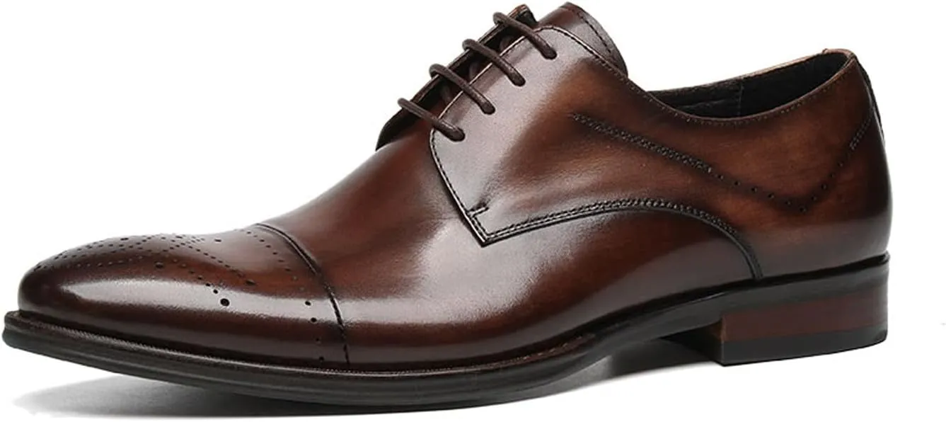 Men’s Genuine Leather Oxfords Dress Shoes – Handcrafted Cap-Toe Derby Shoes for Formal, Tuxedo, Prom, Wedding & Business Casual