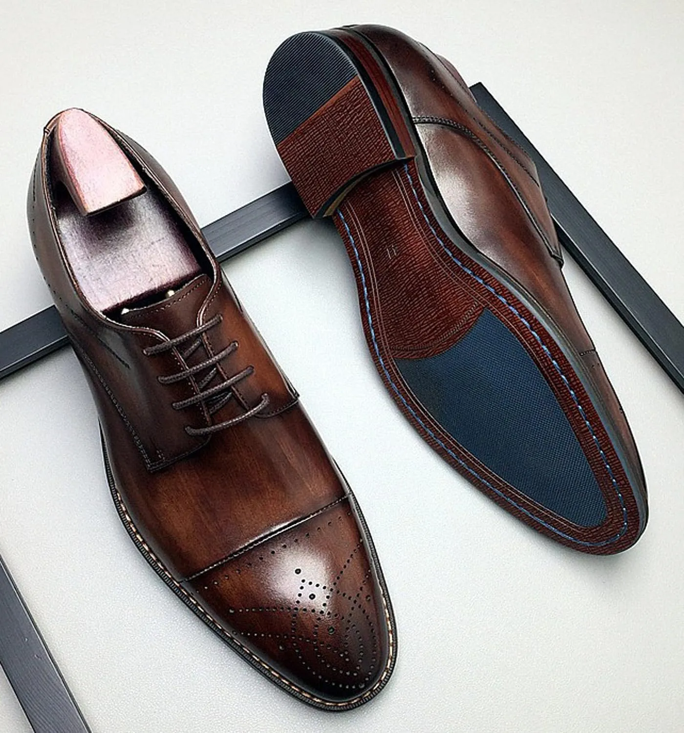 Men’s Genuine Leather Oxfords Dress Shoes – Handcrafted Cap-Toe Derby Shoes for Formal, Tuxedo, Prom, Wedding & Business Casual
