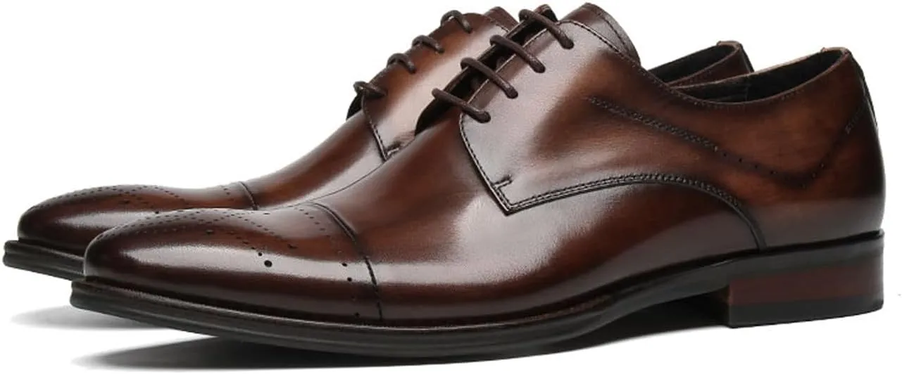 Men’s Genuine Leather Oxfords Dress Shoes – Handcrafted Cap-Toe Derby Shoes for Formal, Tuxedo, Prom, Wedding & Business Casual