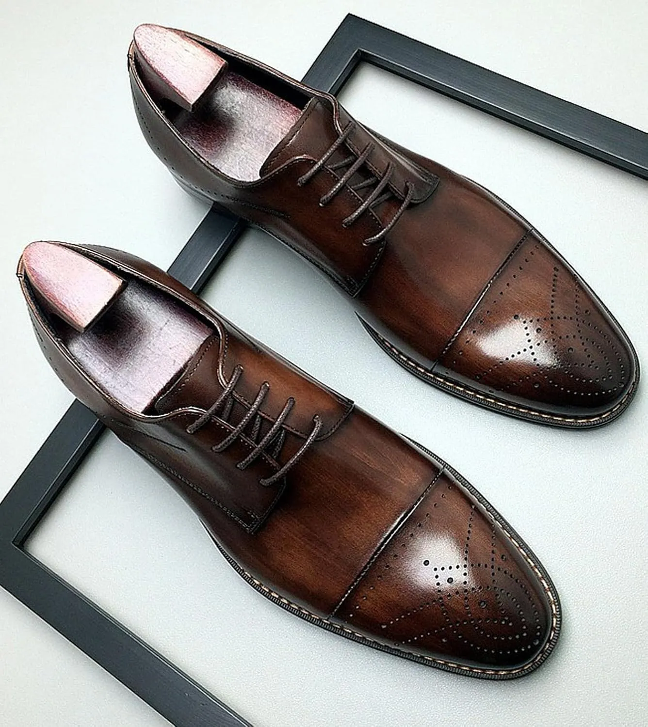 Men’s Genuine Leather Oxfords Dress Shoes – Handcrafted Cap-Toe Derby Shoes for Formal, Tuxedo, Prom, Wedding & Business Casual