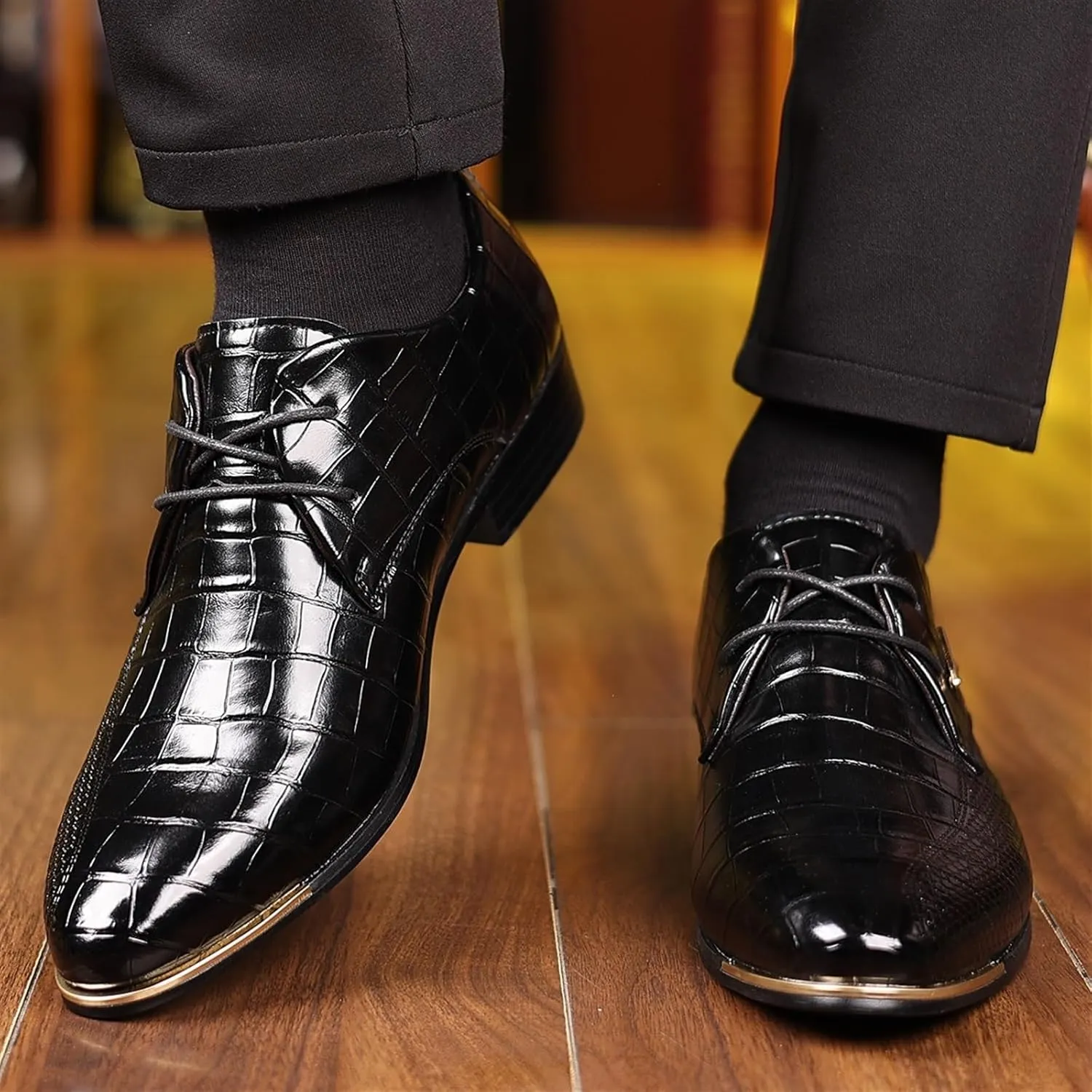 Mens Leather Crocodile Print Oxford Shoes Chunky Heels Rubber Sole Lace Up Cap Toe Dress Shoes Business Formal Prom Derby Shoes Casual Walking Shoes