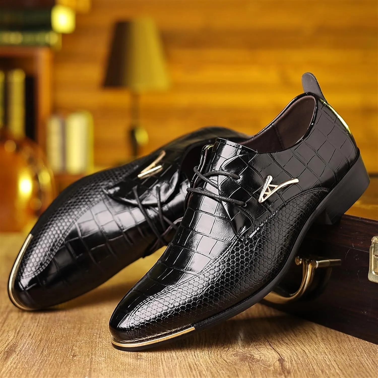 Mens Leather Crocodile Print Oxford Shoes Chunky Heels Rubber Sole Lace Up Cap Toe Dress Shoes Business Formal Prom Derby Shoes Casual Walking Shoes