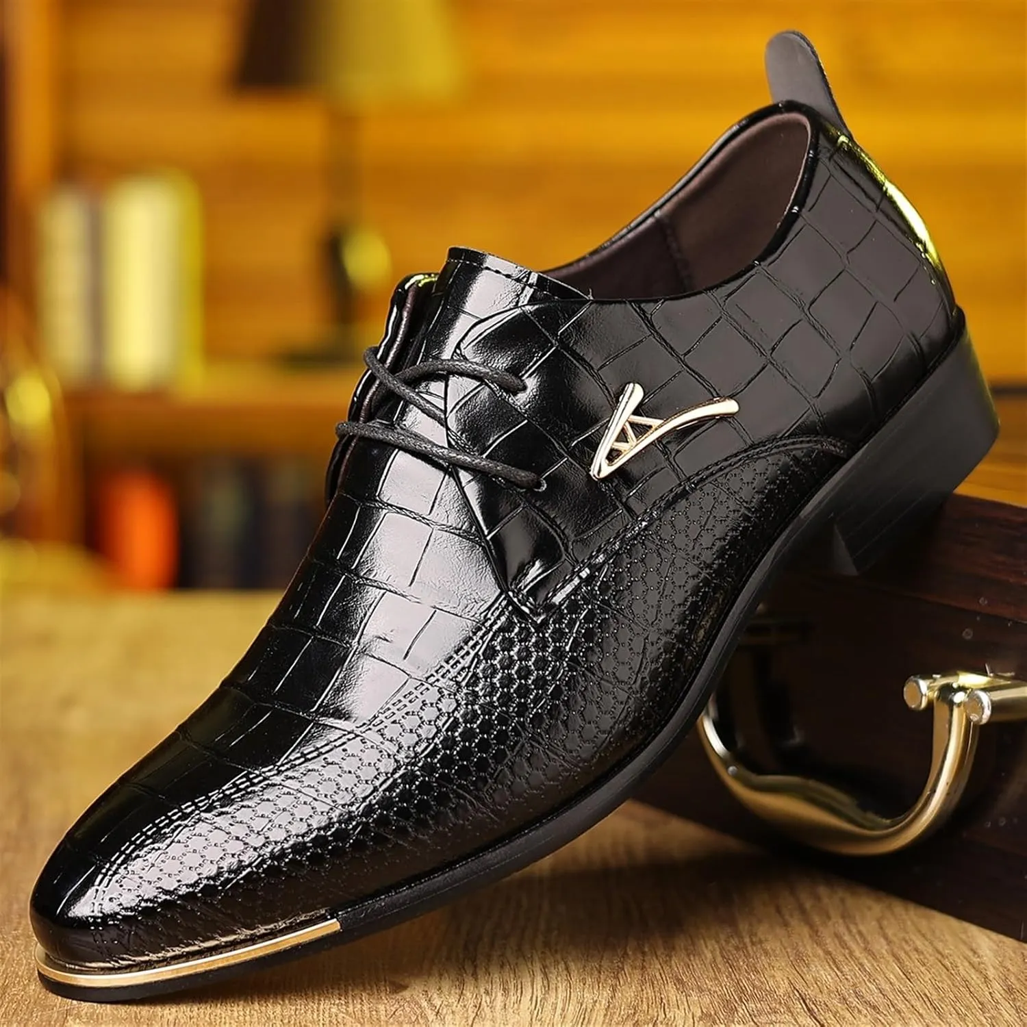 Mens Leather Crocodile Print Oxford Shoes Chunky Heels Rubber Sole Lace Up Cap Toe Dress Shoes Business Formal Prom Derby Shoes Casual Walking Shoes