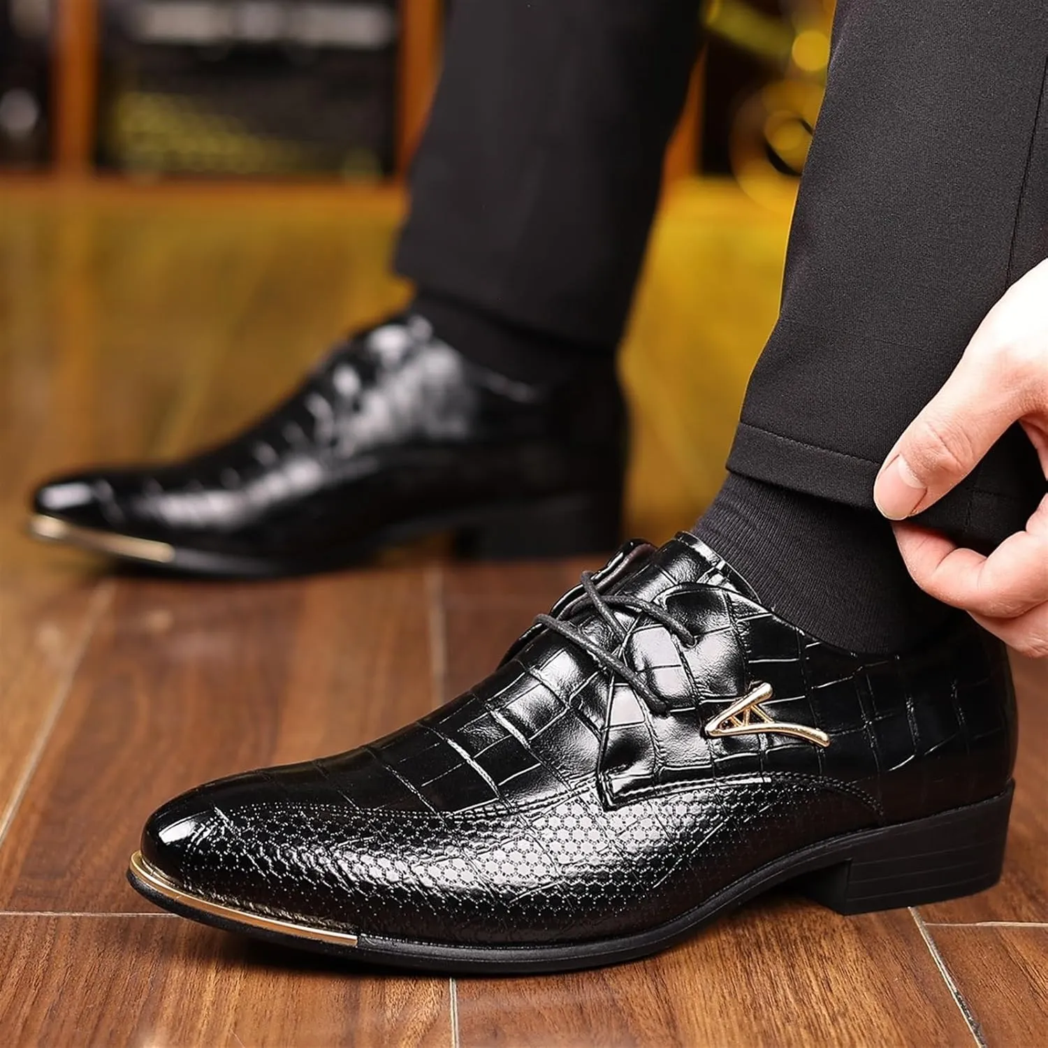 Mens Leather Crocodile Print Oxford Shoes Chunky Heels Rubber Sole Lace Up Cap Toe Dress Shoes Business Formal Prom Derby Shoes Casual Walking Shoes