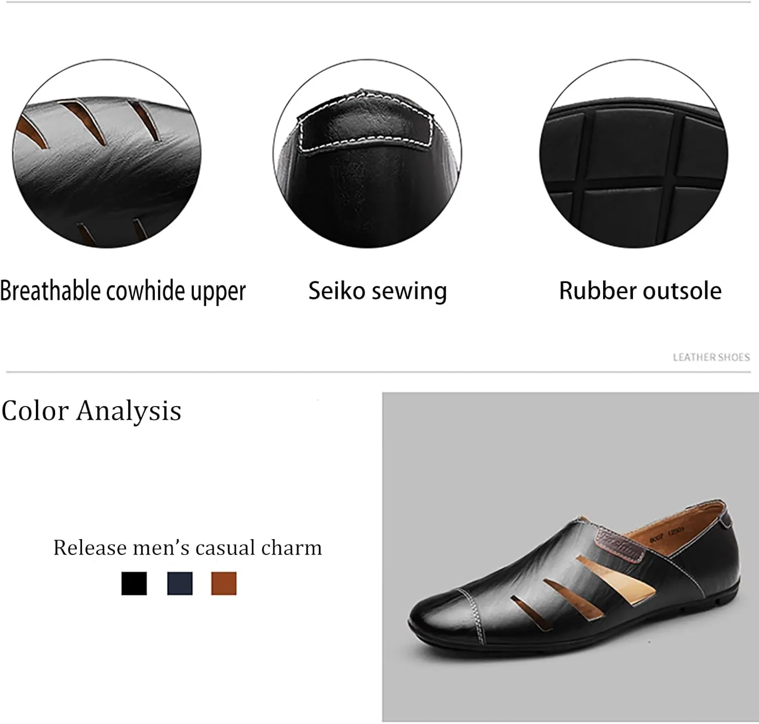 Men's Leather Hollow Out Sandals Comfortable Breathable Closed Toe Slip On Flat Loafers Business Work Casual Walking Shoes