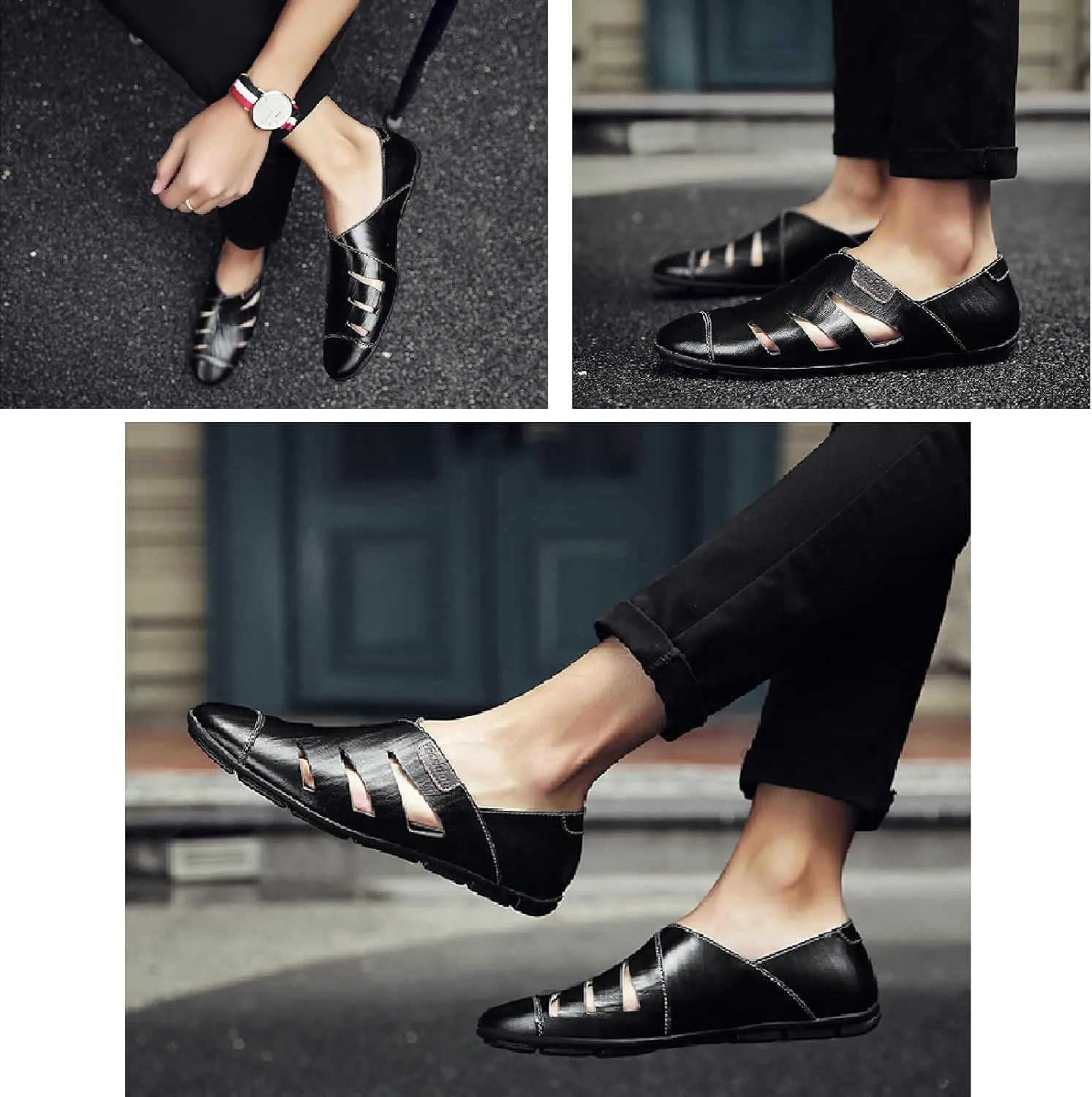 Men's Leather Hollow Out Sandals Comfortable Breathable Closed Toe Slip On Flat Loafers Business Work Casual Walking Shoes