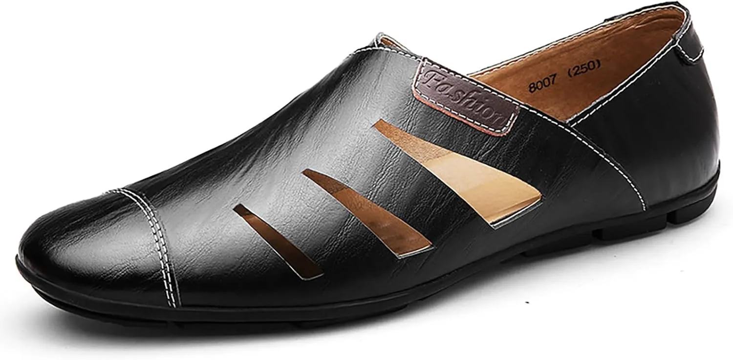 Men's Leather Hollow Out Sandals Comfortable Breathable Closed Toe Slip On Flat Loafers Business Work Casual Walking Shoes