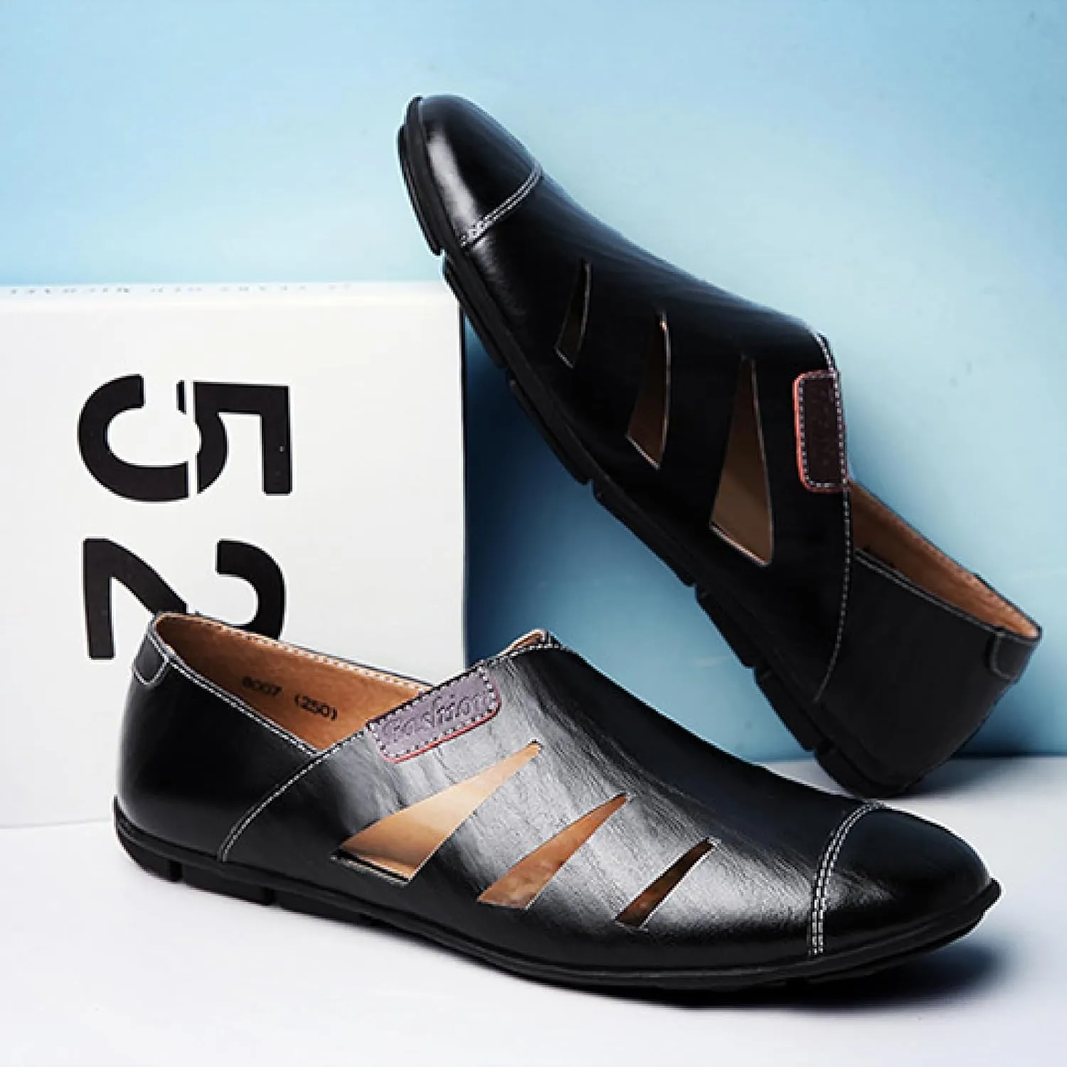 Men's Leather Hollow Out Sandals Comfortable Breathable Closed Toe Slip On Flat Loafers Business Work Casual Walking Shoes