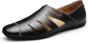 Men's Leather Hollow Out Sandals Comfortable Breathable Closed Toe Slip On Flat Loafers Business Work Casual Walking Shoes
