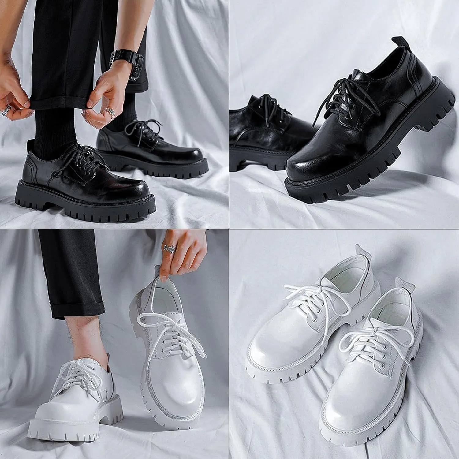 Men's Leather Lace up Platform Dress Oxfords Comfortable Round Toe Breathable Non-Slip Lug Sole Formal Derby Shoes for Wedding Nightclubs Dating