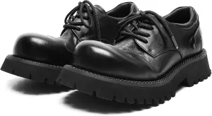 Men's Leather Platform Oxfords Round Toe Chunky Heel Lug Sole Work Dress Shoes Soft Non-Slip Business Formal Derby Casual Shoes Lace Up Platform Sneakers for Men