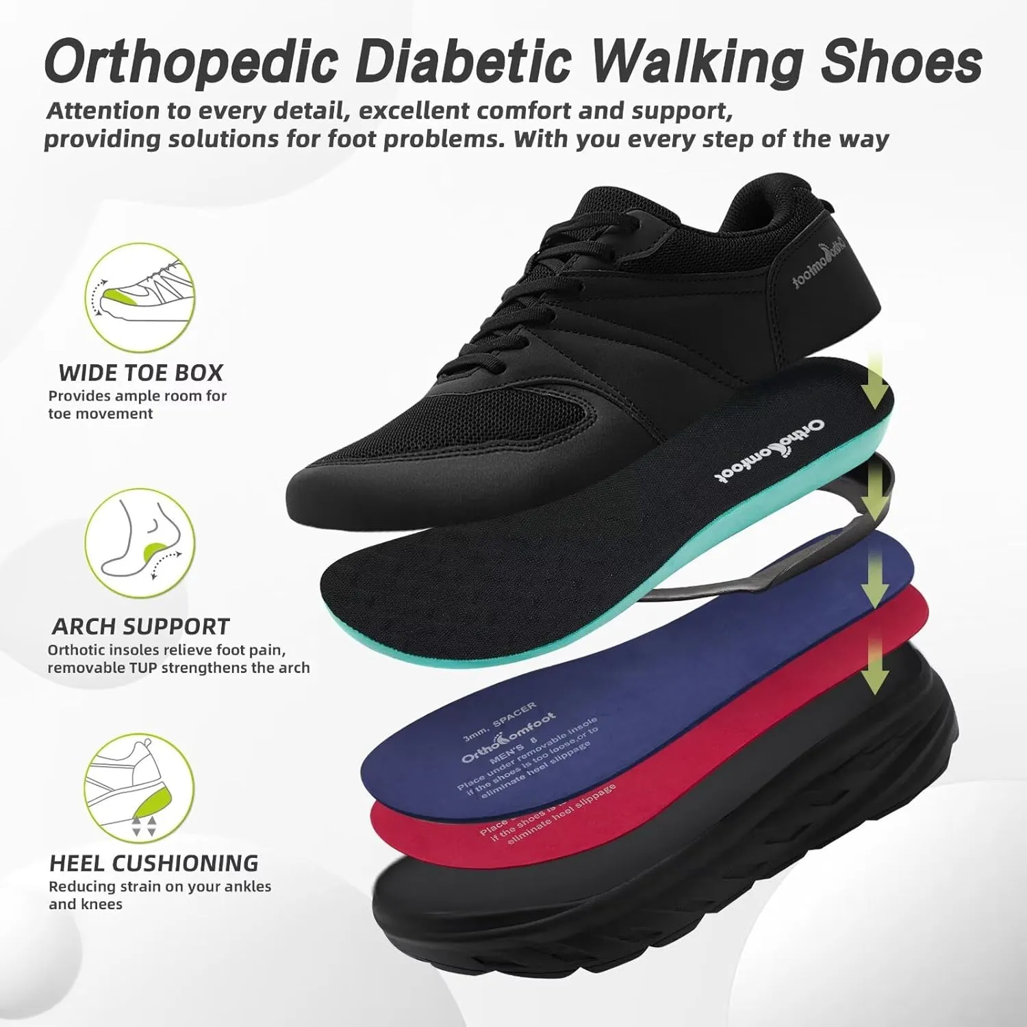 Men's Orthopedic Diabetic Wide Walking Shoes: Comfortable Arch Support Plantar Fasciitis Sports Running Sneakers, Casual Swollen Bunion Work Tennis Shoes for Foot and Heel Pain Relief