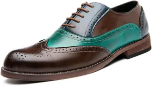 Men's Patchwork Multicolor Oxfords Shoes,Fashion Classic Carved Two Tone Lace Up Leather Low Heels Dress Shoes,Vintage Wing Tips Hand Stitched Colorblock Business Formal Derby Shoes