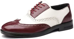 Men's Patchwork Two Tone Brogue Oxfords Shoes Fashion Hand Stitched Leather Dress Shoes Round-Toe Lace up Low Top Business Formal Derby Shoes