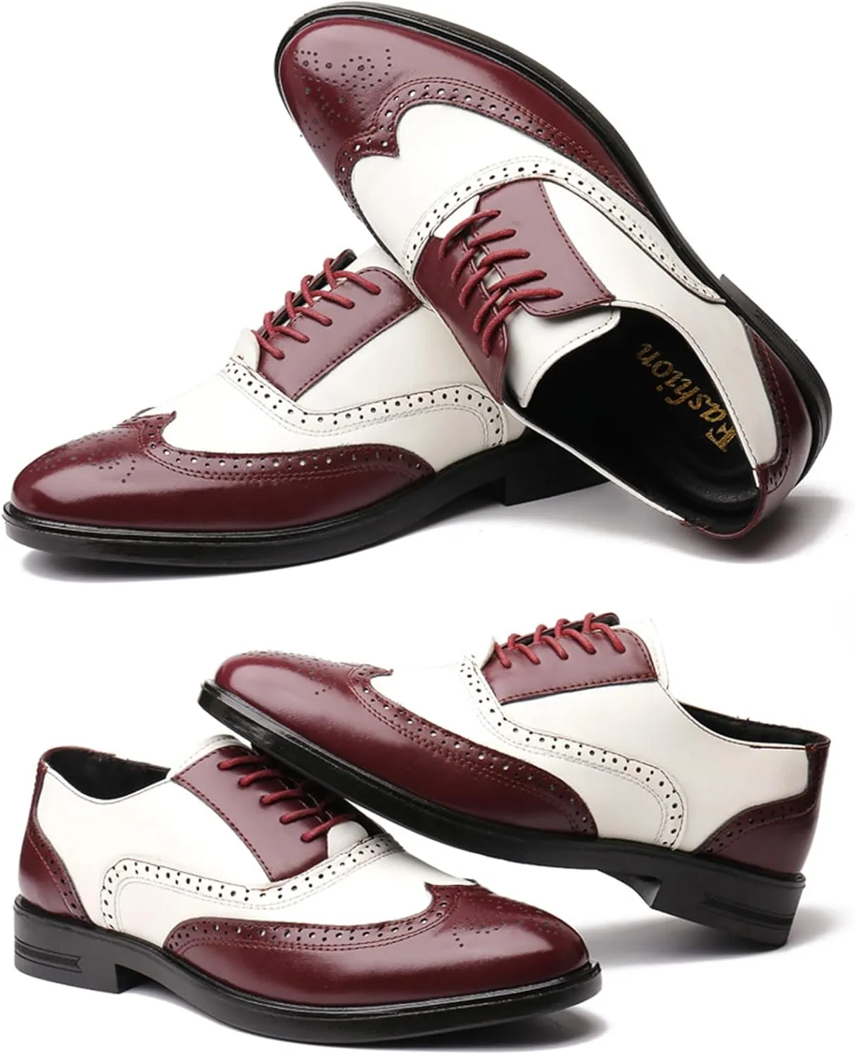 Men's Patchwork Two Tone Brogue Oxfords Shoes Fashion Hand Stitched Leather Dress Shoes Round-Toe Lace up Low Top Business Formal Derby Shoes