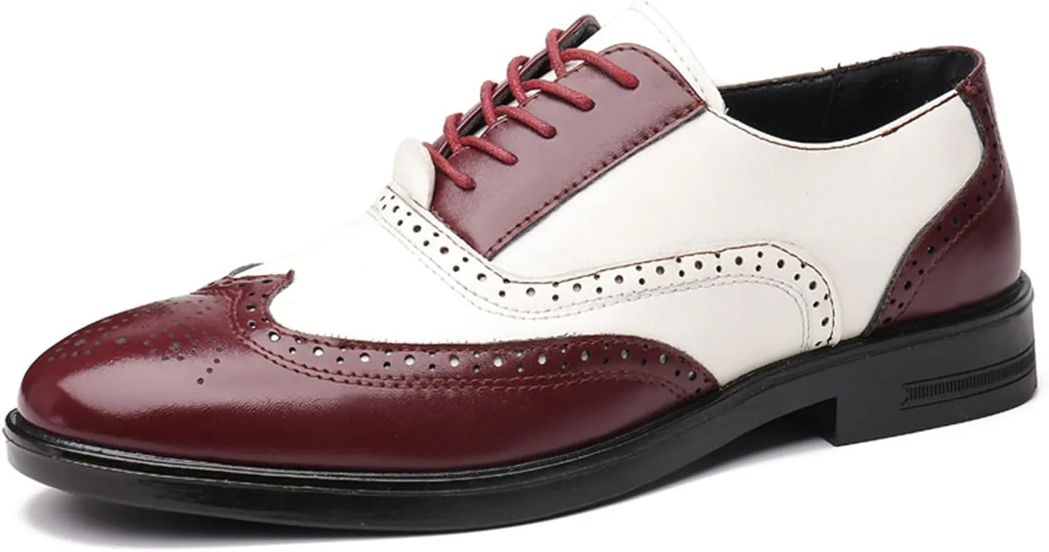 Men's Patchwork Two Tone Brogue Oxfords Shoes Fashion Hand Stitched Leather Dress Shoes Round-Toe Lace up Low Top Business Formal Derby Shoes