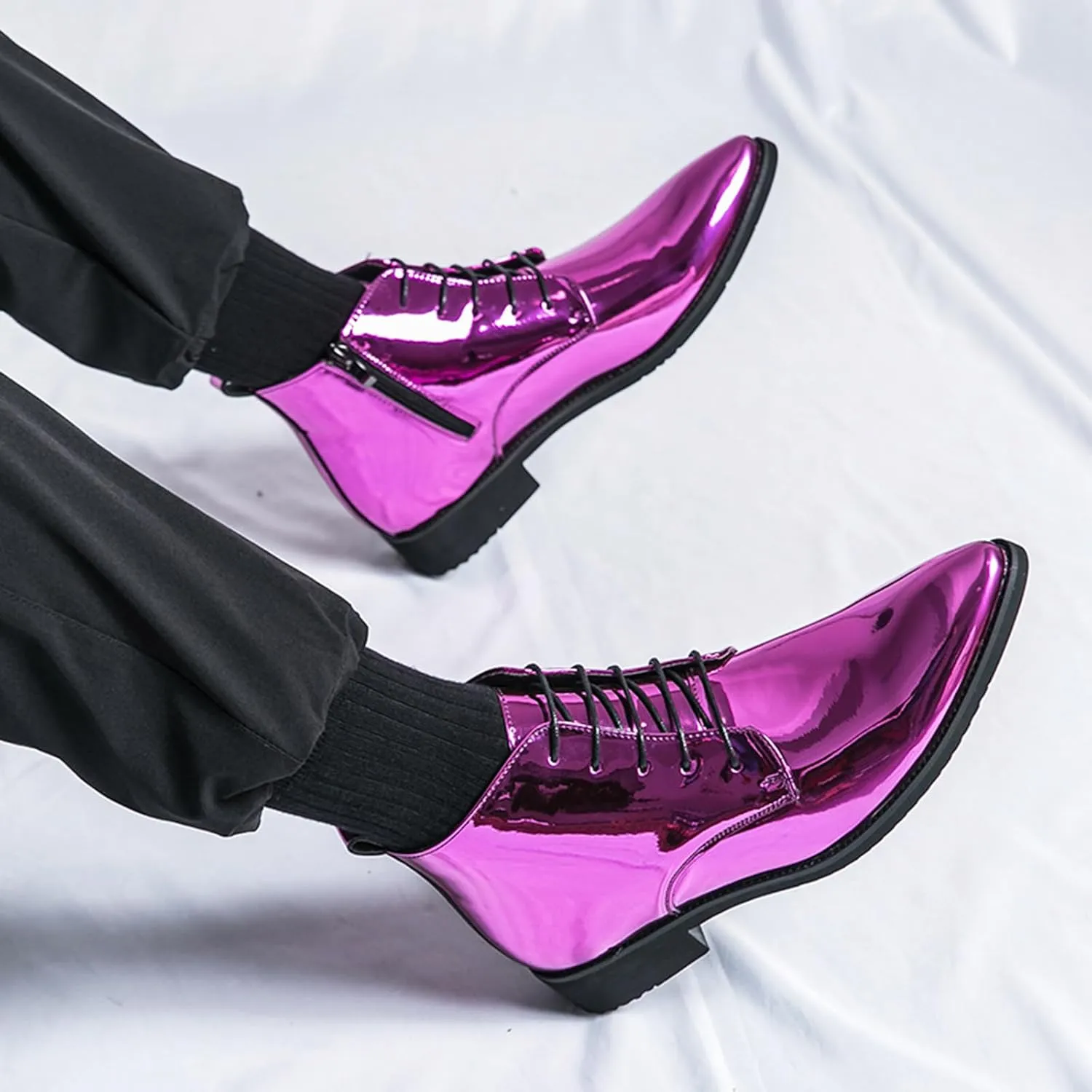 Men's Patent Leather Dress Oxfords Boots Fashion Pointed Toe Lace Up Side Zipper Shiny Ankle Boots Classic Luxury High Top Business Formal Derby Shoes