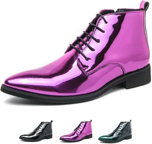 Men's Patent Leather Dress Oxfords Boots Fashion Pointed Toe Lace Up Side Zipper Shiny Ankle Boots Classic Luxury High Top Business Formal Derby Shoes