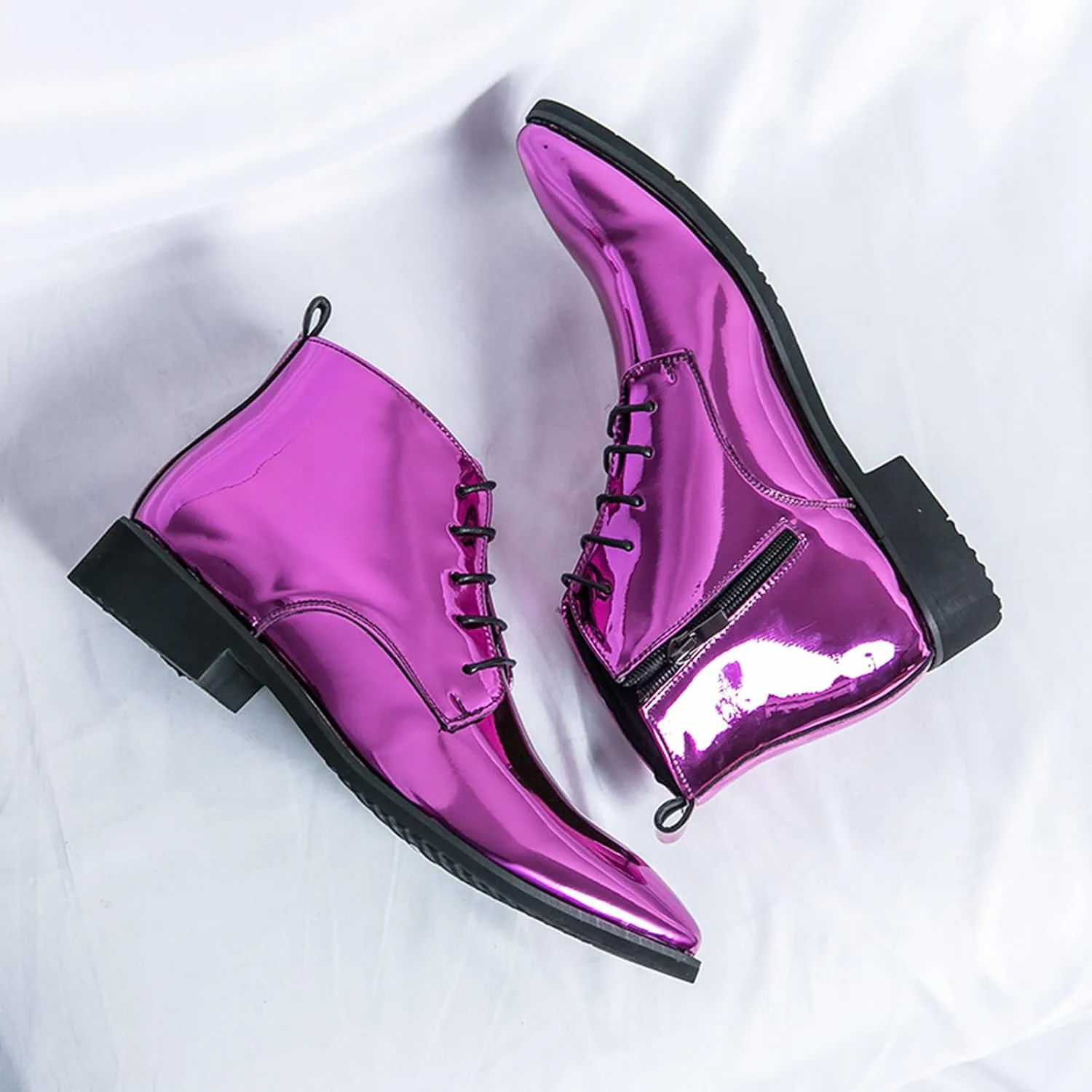 Men's Patent Leather Dress Oxfords Boots Fashion Pointed Toe Lace Up Side Zipper Shiny Ankle Boots Classic Luxury High Top Business Formal Derby Shoes
