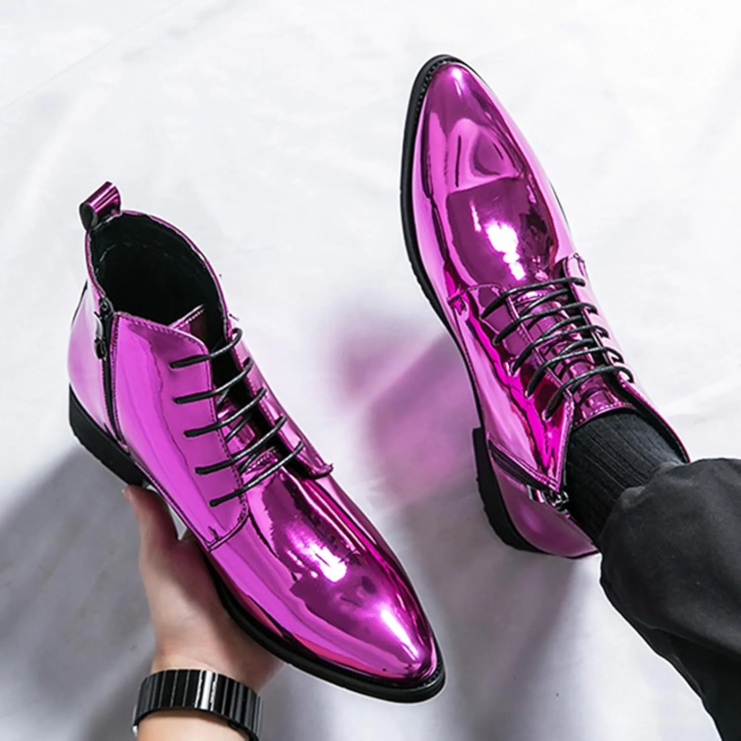 Men's Patent Leather Dress Oxfords Boots Fashion Pointed Toe Lace Up Side Zipper Shiny Ankle Boots Classic Luxury High Top Business Formal Derby Shoes