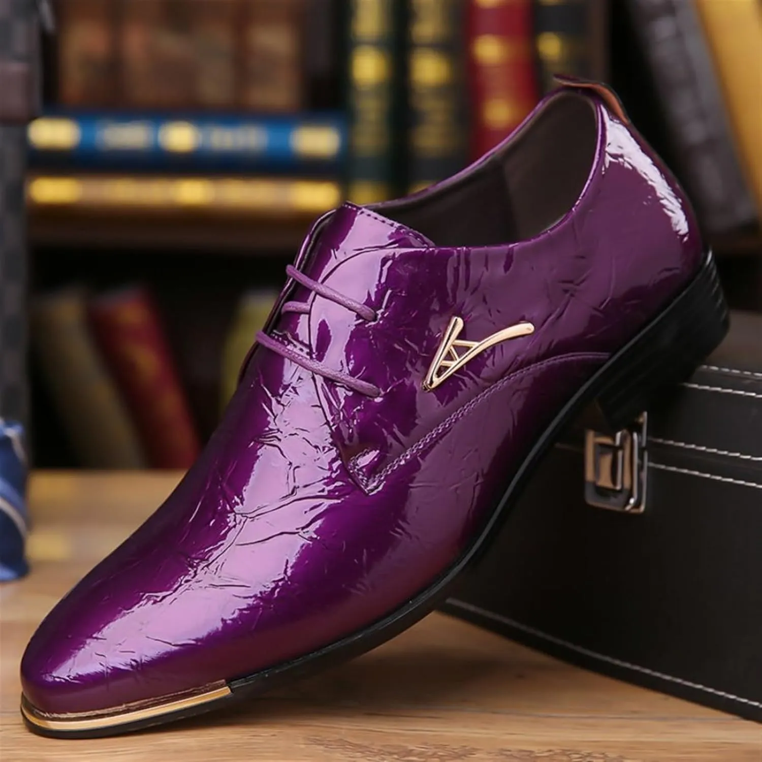 Mens Patent Leather Oxford Shoes Chunky Heels Rubber Sole Lace Up Cap Toe Dress Shoes Business Formal Prom Derby Shoes Casual Walking Shoes