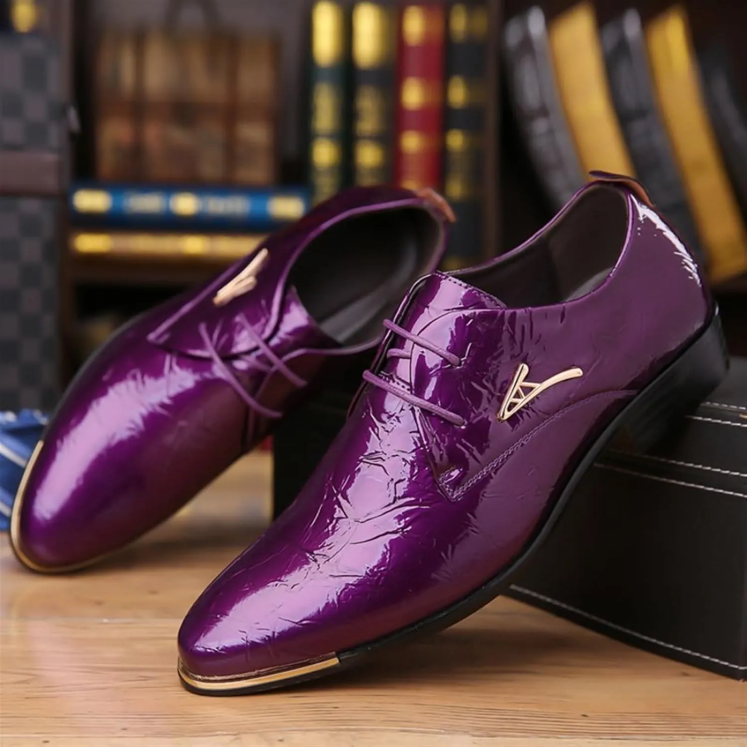Mens Patent Leather Oxford Shoes Chunky Heels Rubber Sole Lace Up Cap Toe Dress Shoes Business Formal Prom Derby Shoes Casual Walking Shoes