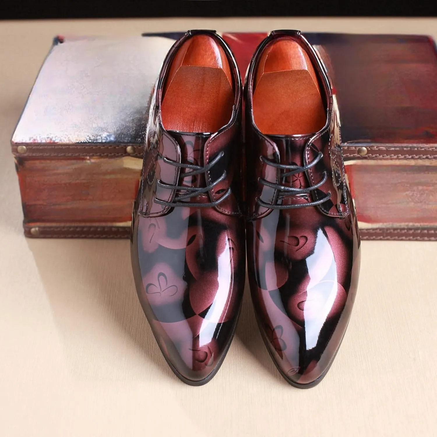 Mens Patent Leather Printing Lace Up Oxford Dress Shoes Modern Low Top Pointed Toe Tuxedo Derby Shoes for Work Office Formal Wedding