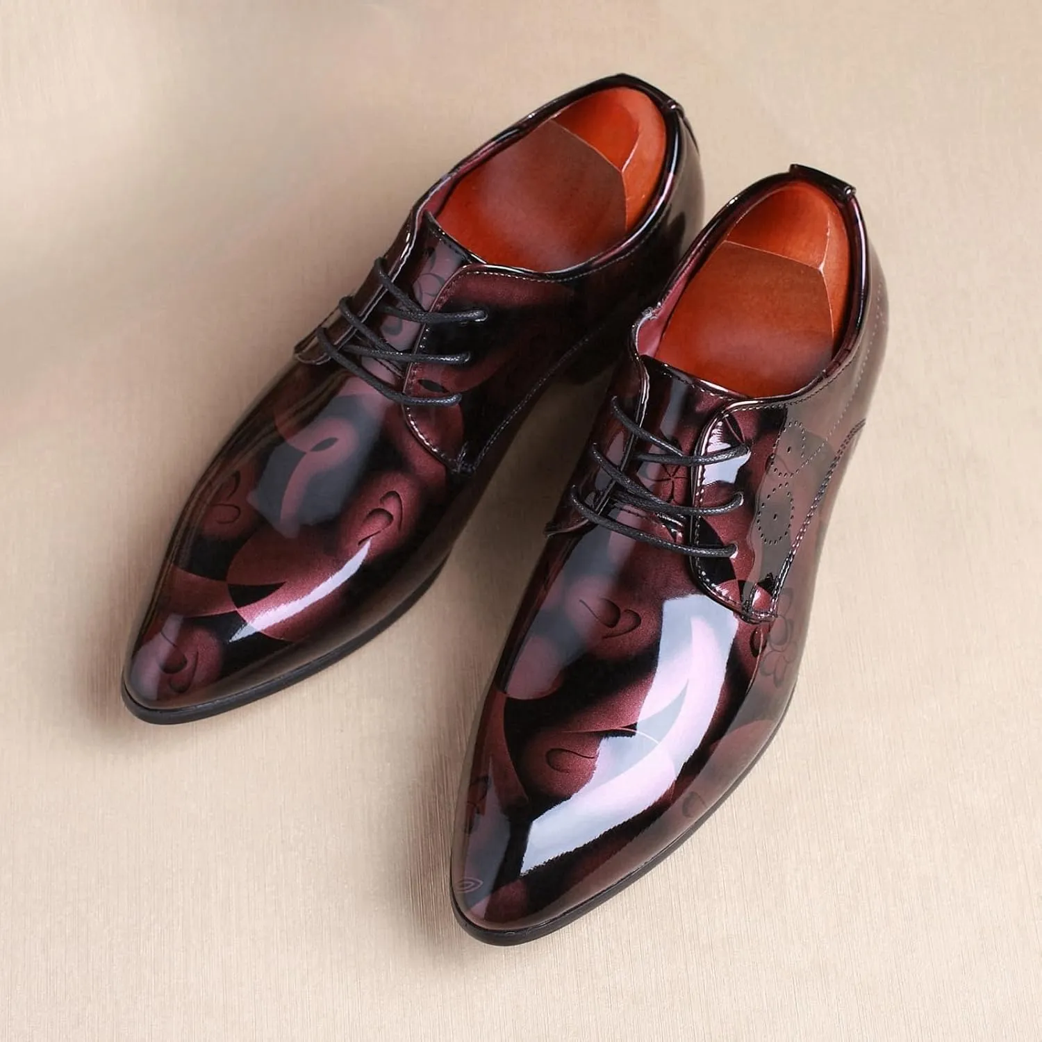 Mens Patent Leather Printing Lace Up Oxford Dress Shoes Modern Low Top Pointed Toe Tuxedo Derby Shoes for Work Office Formal Wedding