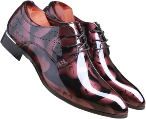 Mens Patent Leather Printing Lace Up Oxford Dress Shoes Modern Low Top Pointed Toe Tuxedo Derby Shoes for Work Office Formal Wedding