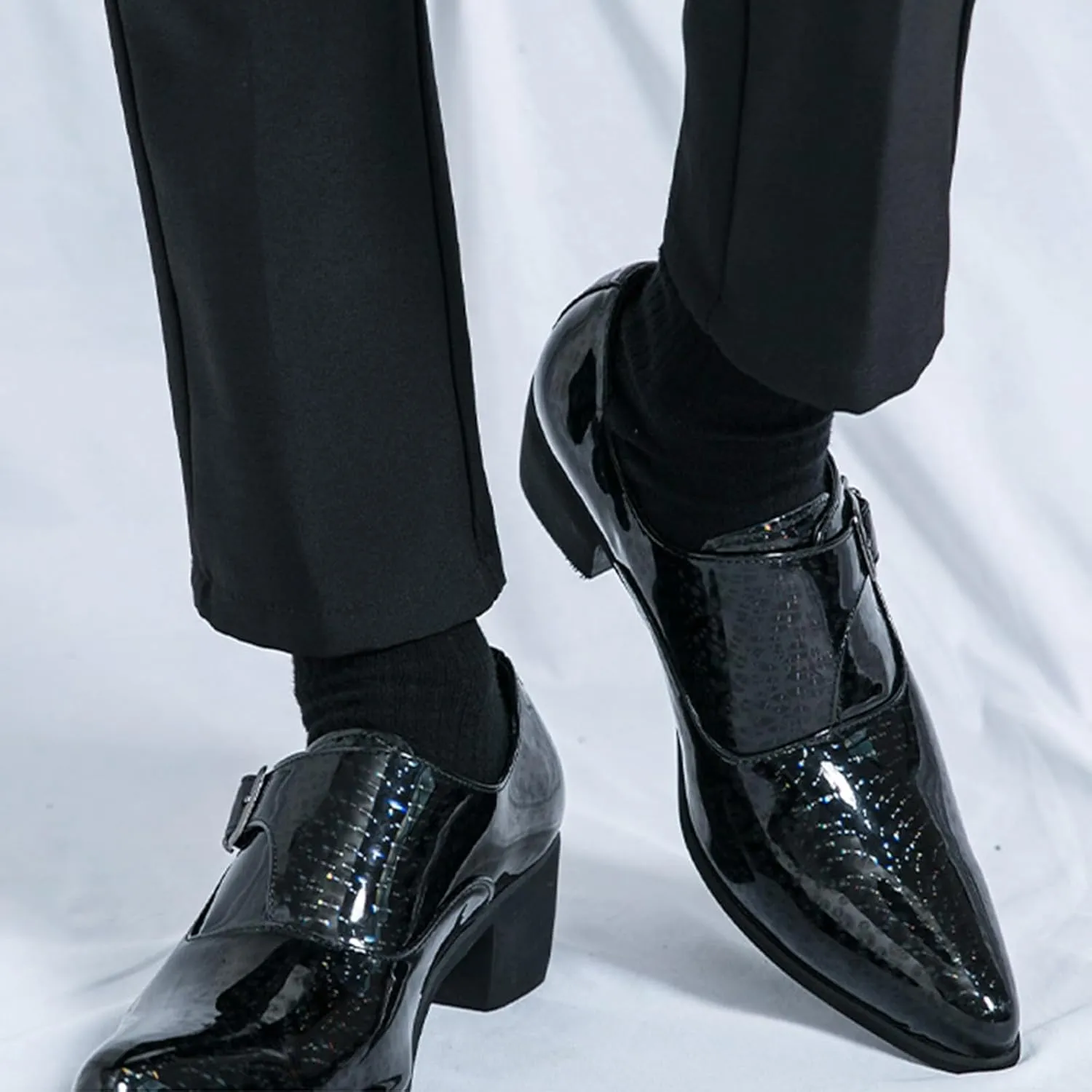 Men's Pointed Toe Chunky Heels Monk Strap Oxford Shoes,Fashion Shiny Business Formal Slip On Loafers Low Top Chelsea Wedding Derby Shoes