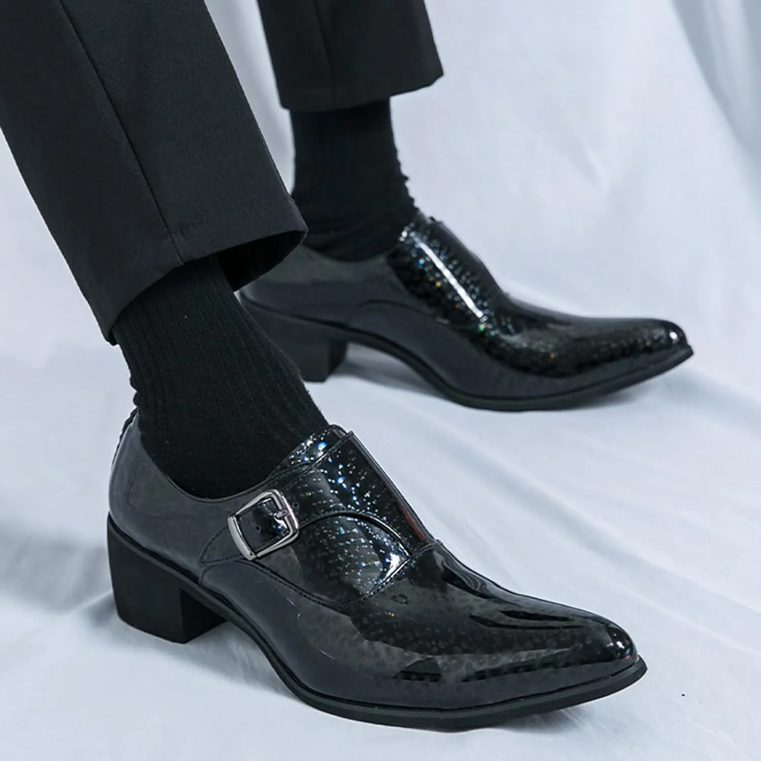 Men's Pointed Toe Chunky Heels Monk Strap Oxford Shoes,Fashion Shiny Business Formal Slip On Loafers Low Top Chelsea Wedding Derby Shoes