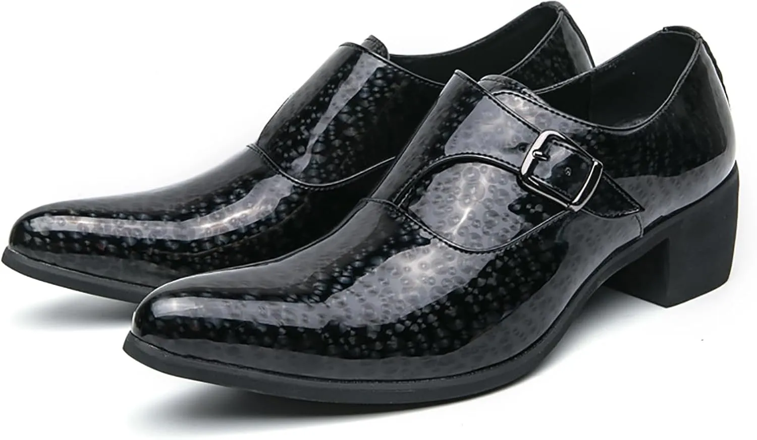Men's Pointed Toe Chunky Heels Monk Strap Oxford Shoes,Fashion Shiny Business Formal Slip On Loafers Low Top Chelsea Wedding Derby Shoes