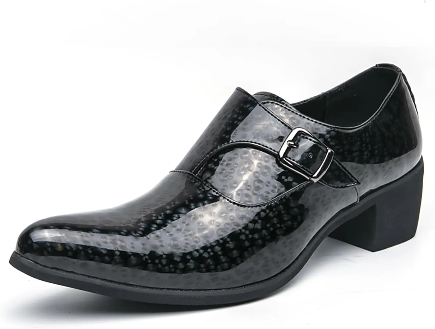 Men's Pointed Toe Chunky Heels Monk Strap Oxford Shoes,Fashion Shiny Business Formal Slip On Loafers Low Top Chelsea Wedding Derby Shoes